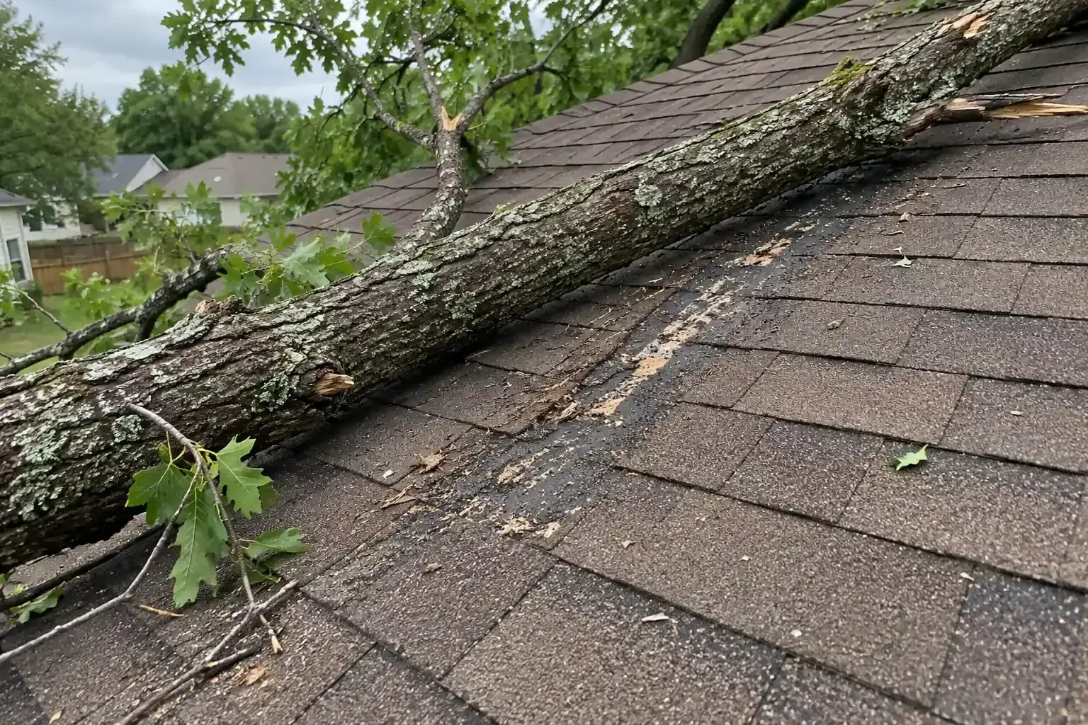 Tree branch resting on an asphalt shingle roof with scraped, worn granules beneath it
