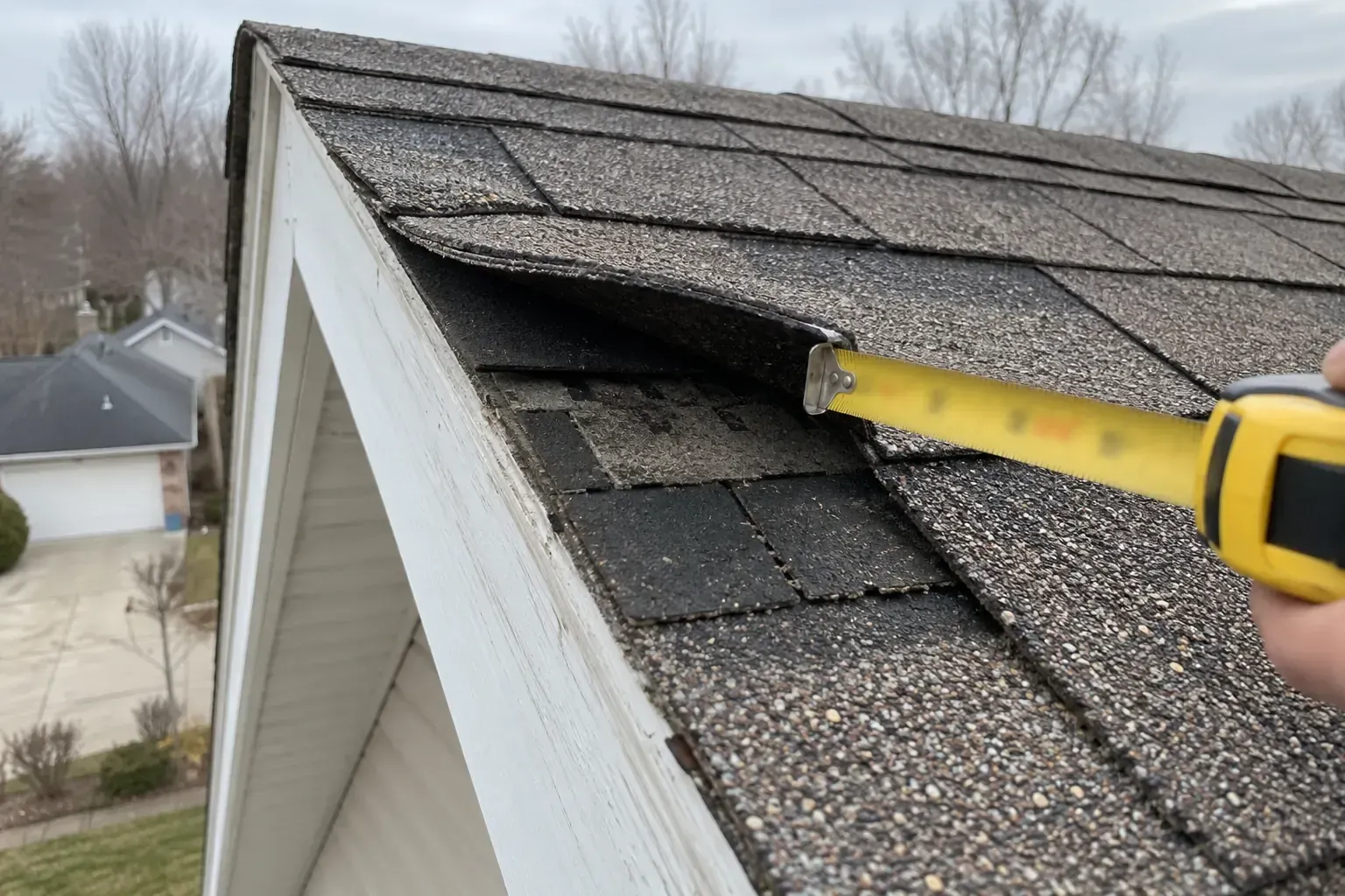 Second layer of shingles laid over an older layer at a roof edge