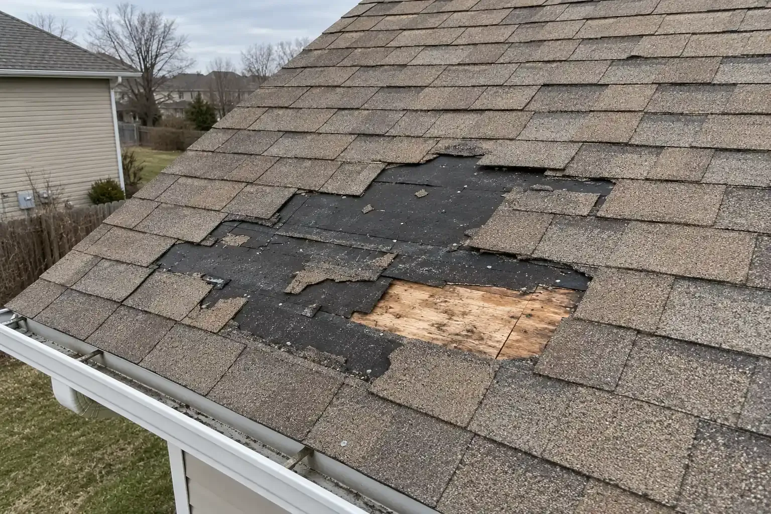 Several missing shingles exposing underlayment after a windstorm