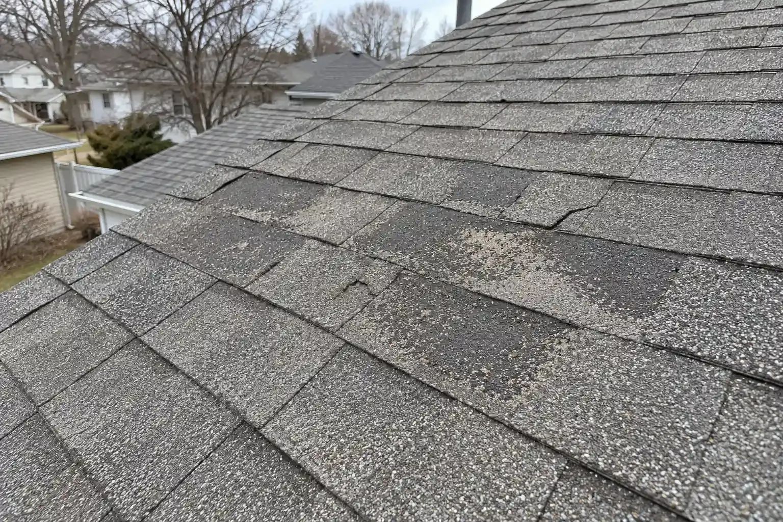 Granule-worn shingles on a sunny south-facing slope