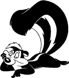 a black and white cartoon of a skunk laying on the ground .