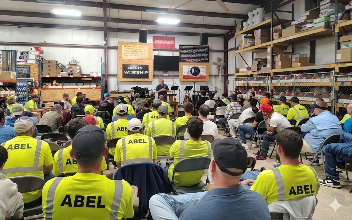 Crowd of workers in yellow safety vests seated in a warehouse meeting, facing the front display.