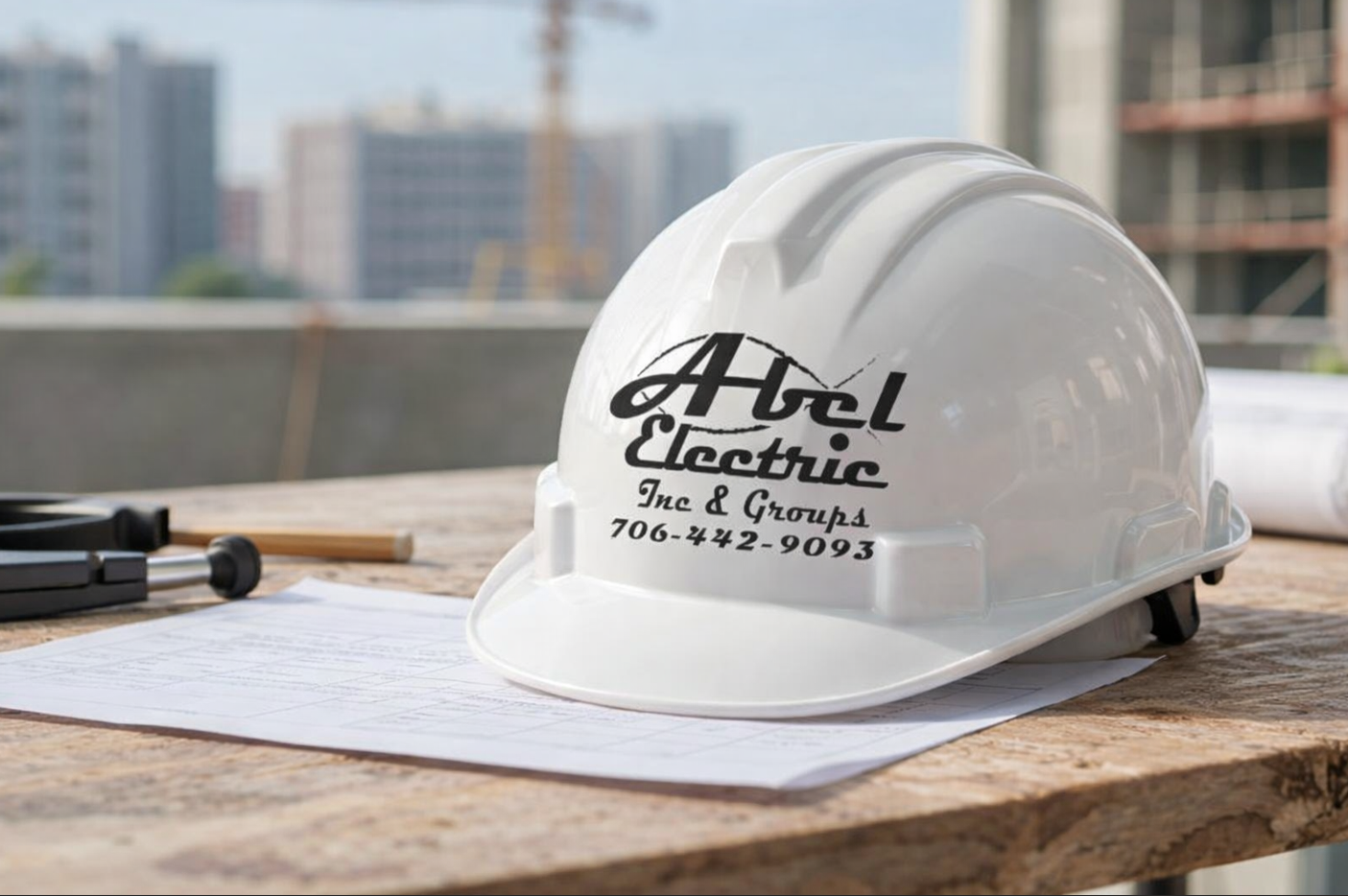 White hard hat with “Abel Electric” logo on a construction table outdoors.