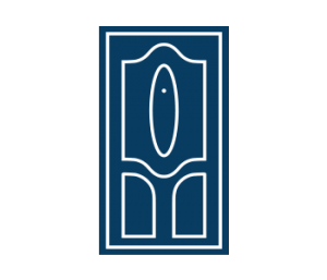 a blue door with a white frame on a white background .