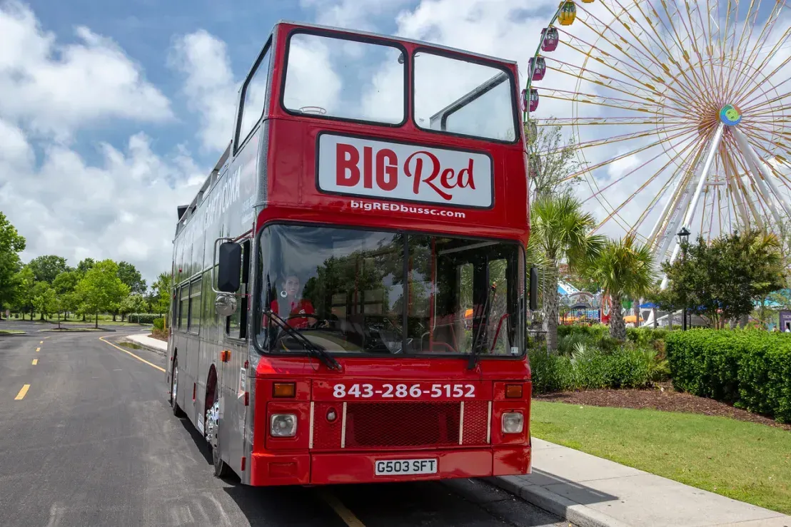 A red double decker bus is parked on the side of the road in front of a ferris wheel.
