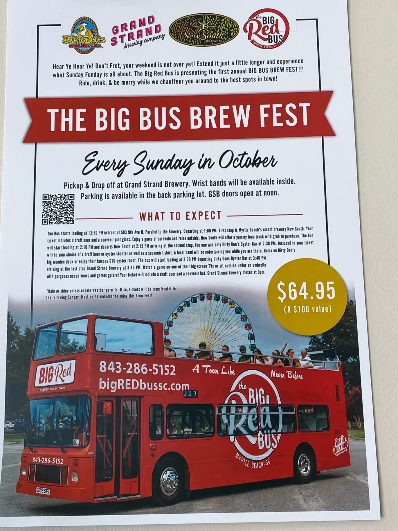 A flyer for the big bus brew fest shows a red double decker bus