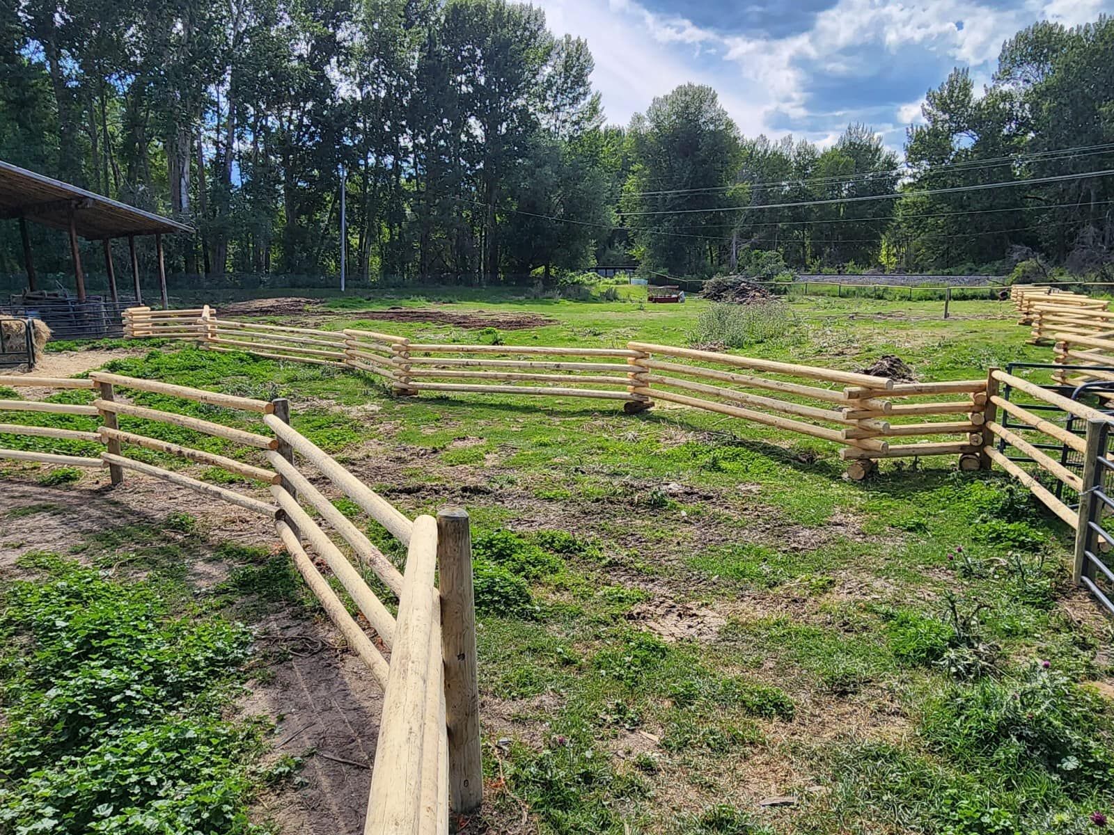 A wooden fence surrounds a grassy field with trees in the background.
