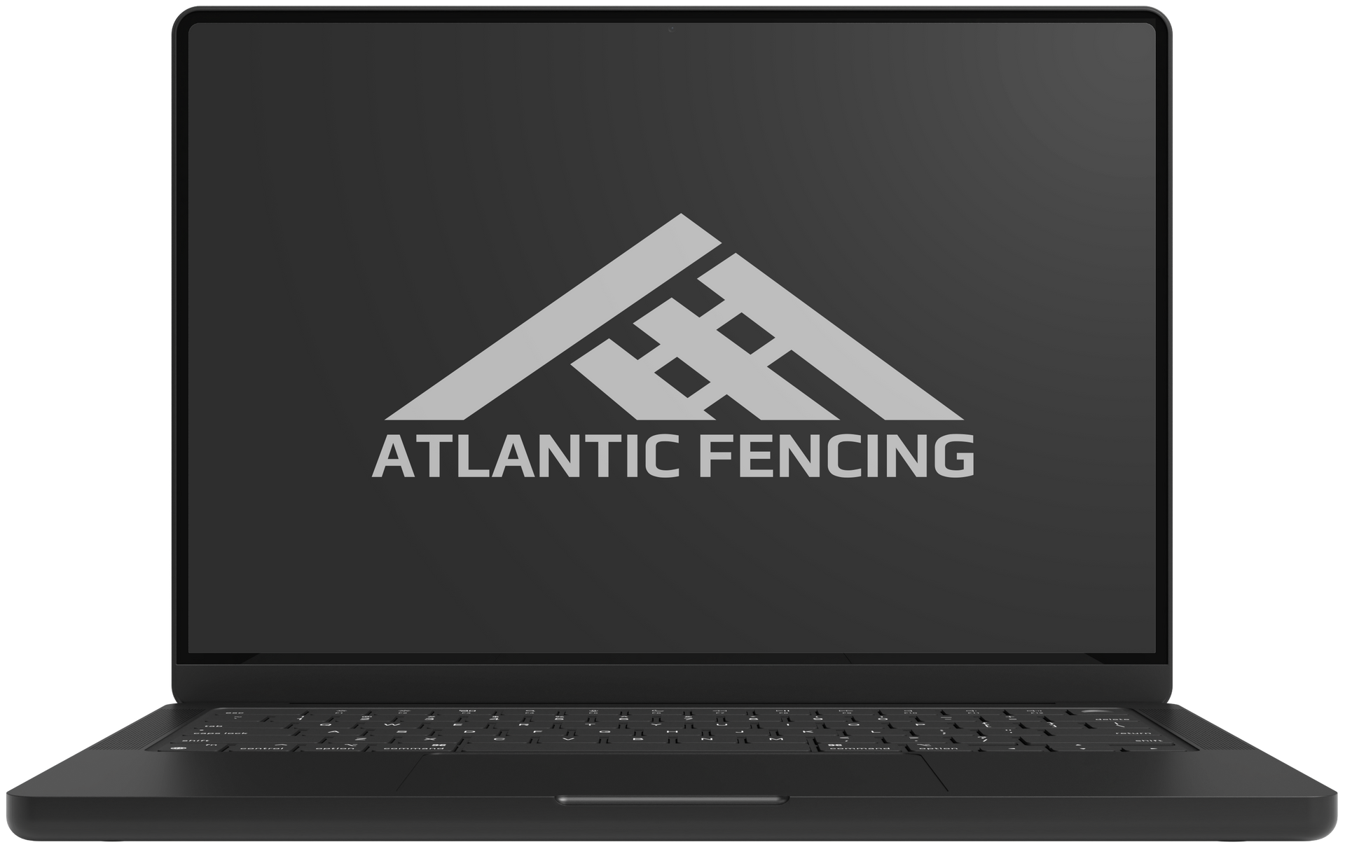 Black laptop displaying the Atlantic Fencing logo on its screen