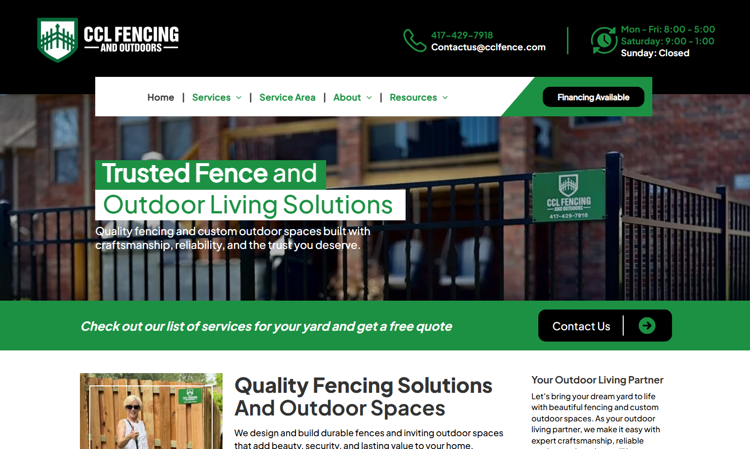 CGL Fencing website homepage with green banner, fencing background, and
