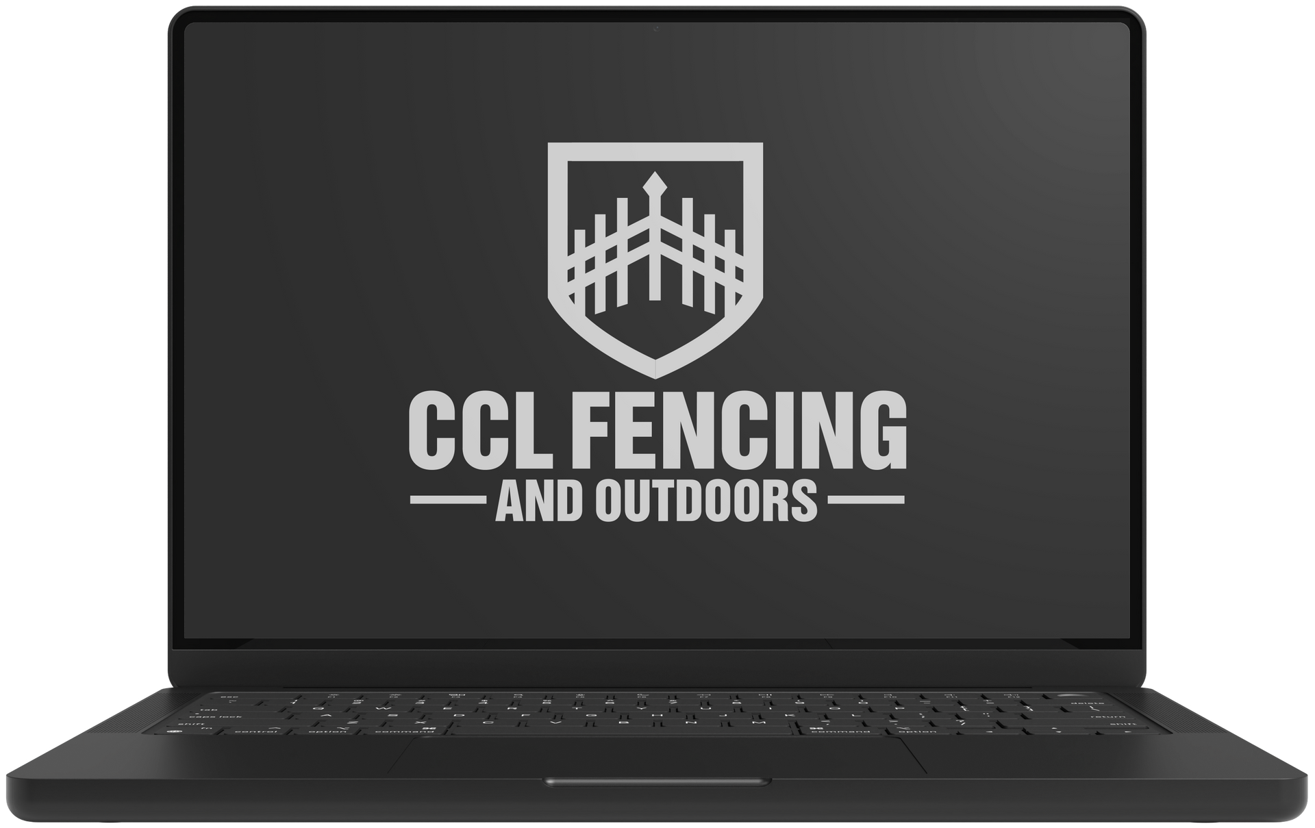 Laptop displaying the CCL Fencing and Outdoors logo on a dark screen