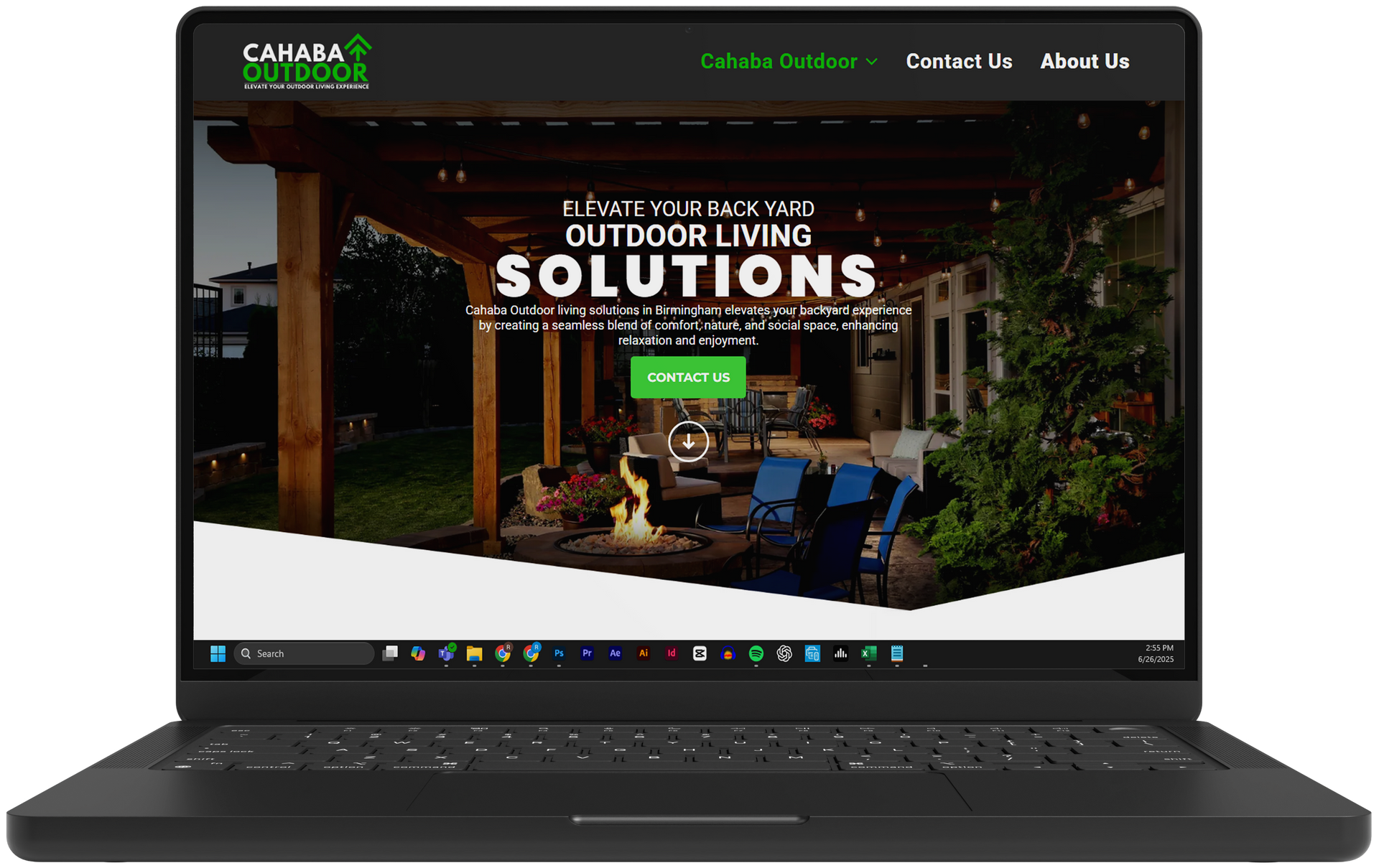 Laptop displaying a patio furniture website with a backyard living room scene and green call-to-action button