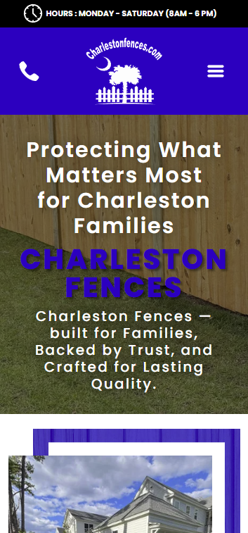 Charleston Fences website homepage with purple header, logo, phone icon, and fence photo below the slogan.