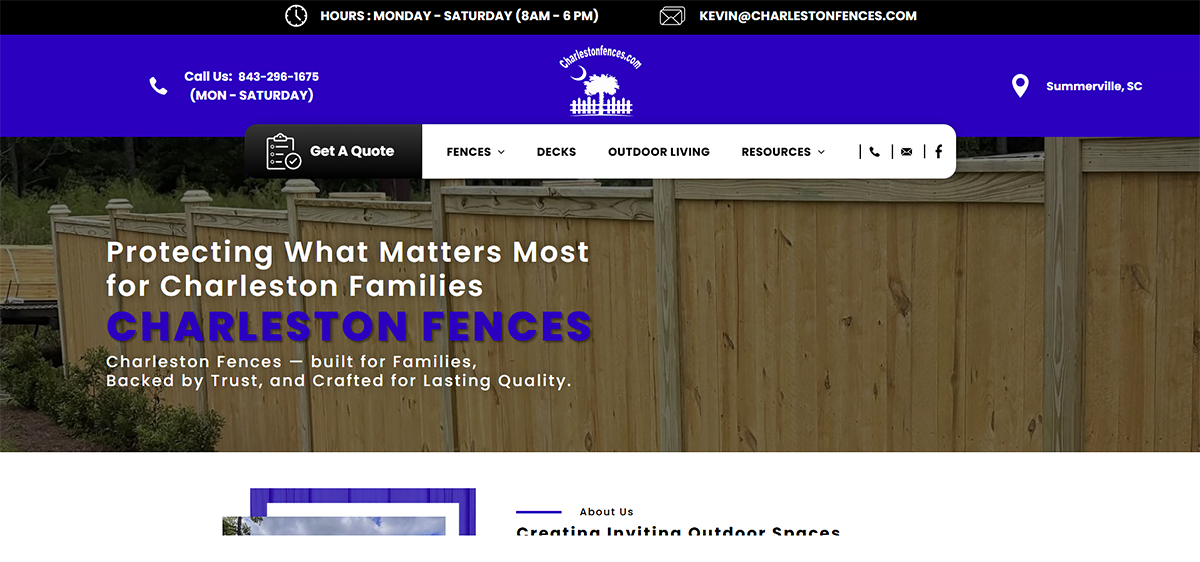 Charleston Fences website homepage with purple header, wooden fence hero image, and “Protecting What Matters Most” text