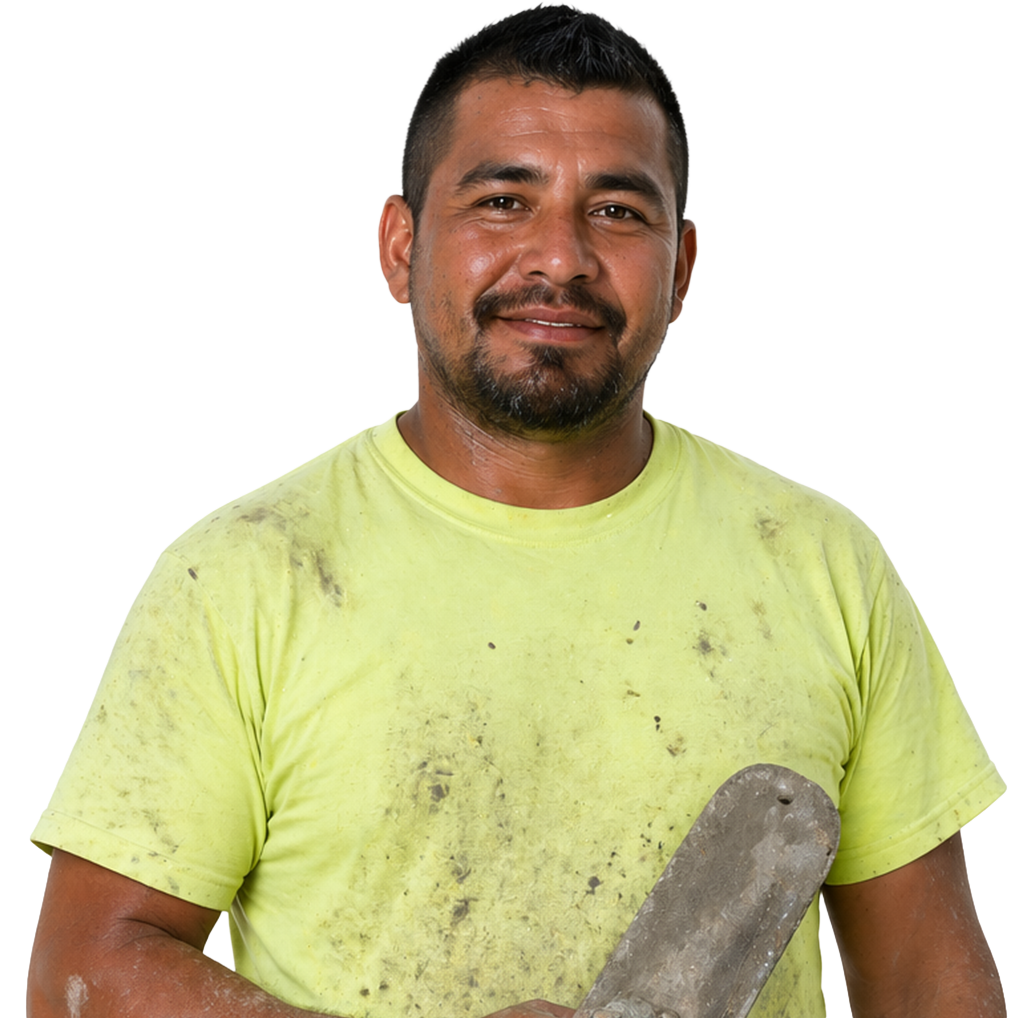 A man in a dirty neon yellow T-shirt holds a trowel against a white background.