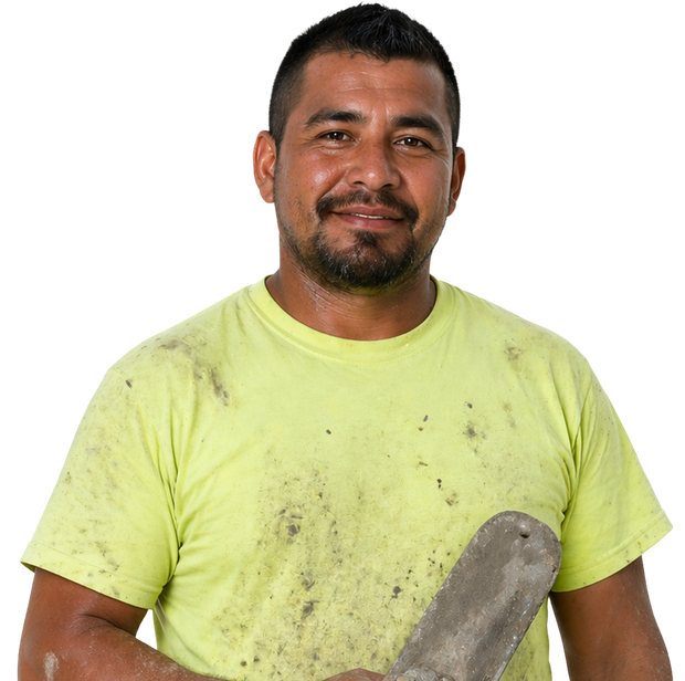 A man in a dirty neon yellow T-shirt holds a trowel against a white background.