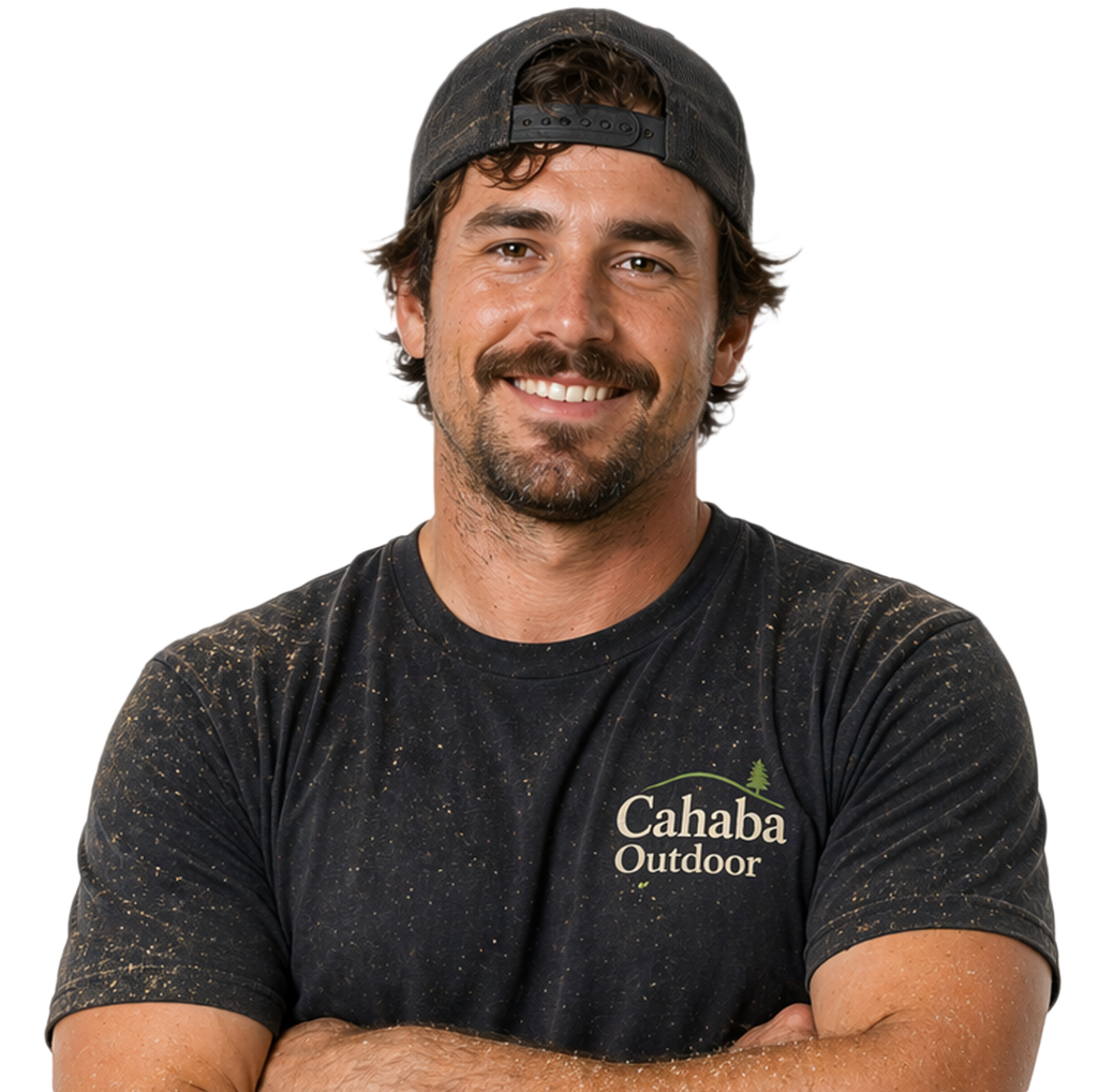 Smiling man in a backward black cap and dark Cahaba Outdoor T-shirt, arms crossed against a white background