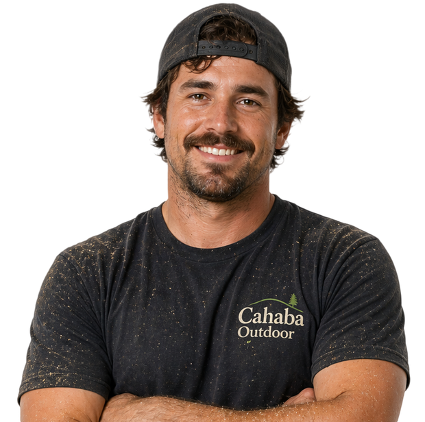 Smiling man in a backward black cap and dark Cahaba Outdoor T-shirt, arms crossed against a white background