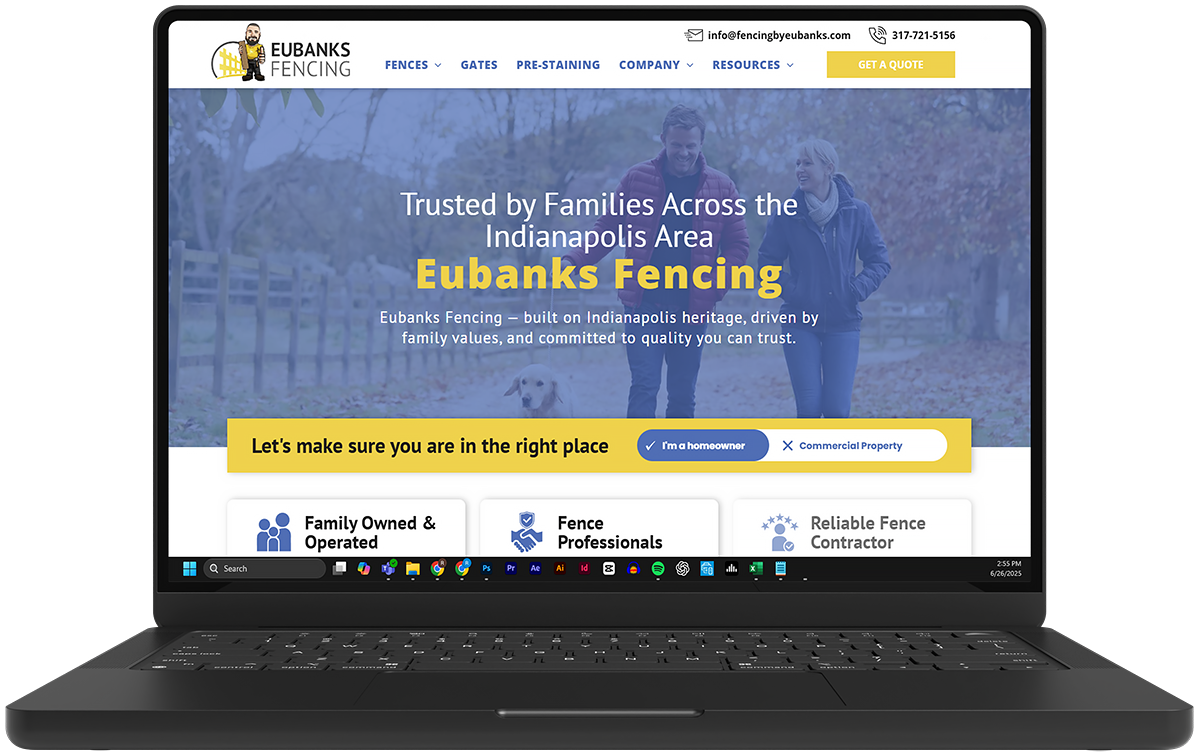 Laptop displaying a fencing company homepage with a blue header and yellow call-to-action buttons