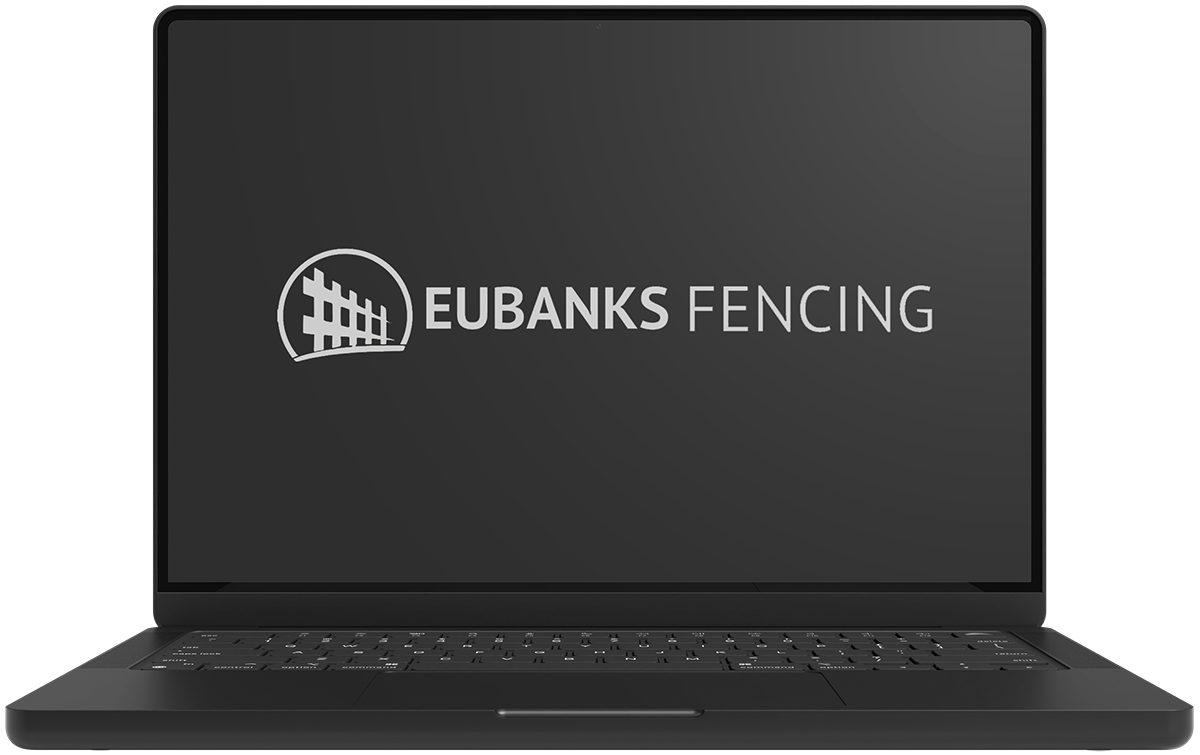 Black laptop displaying the Eubanks Fencing logo on a gray screen