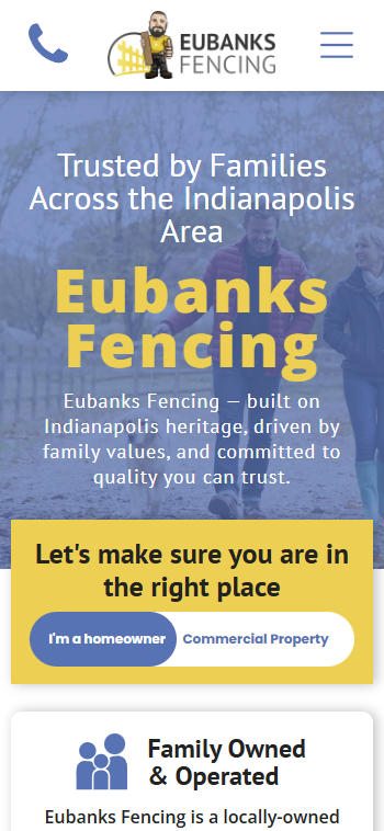 Eubanks Fencing website homepage on a phone, with blue and yellow branding and a “Family Owned & Operated” section