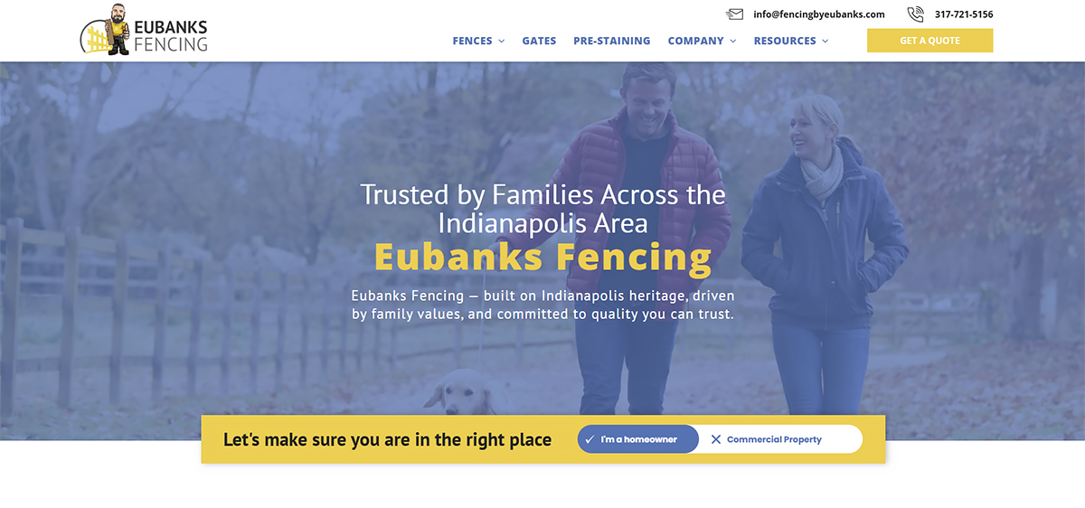 Homepage hero for Eubanks Fencing with a blue-tinted fence worker and yellow call-to-action buttons