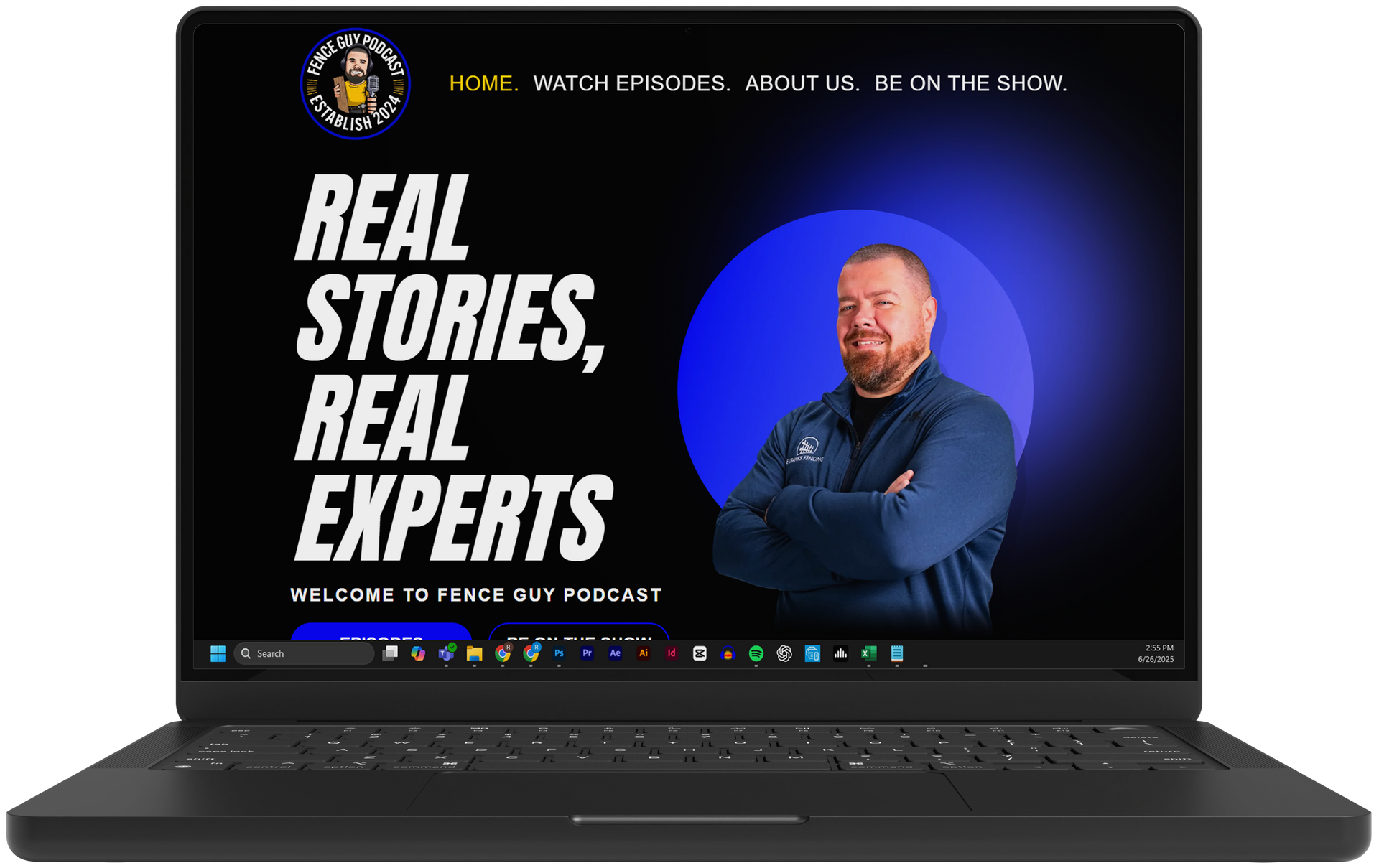 Black laptop displaying a podcast website with bold white text and a man standing against a blue background