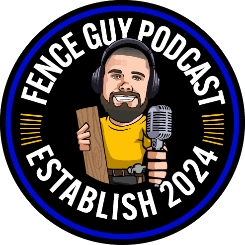 Circular black logo for Fence Guy Podcast, with cartoon host holding a mic and board, text “ESTABLISH 2024”
