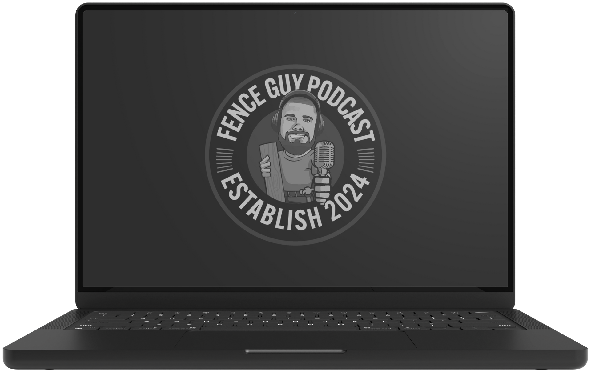 Black laptop displaying a circular “Fence Guy Podcast” logo on the screen