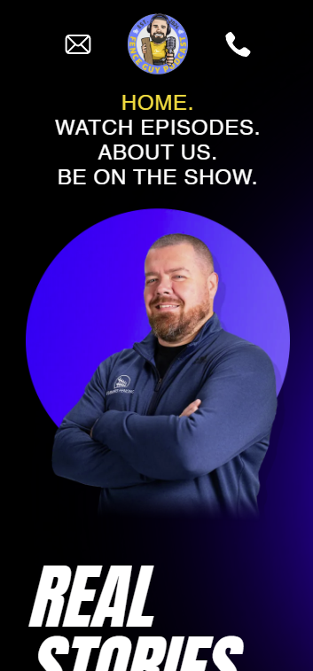 Podcast promo poster with a smiling man in a blue shirt on a purple background and the text “Home. Watch episodes. About us. Be on the show.”