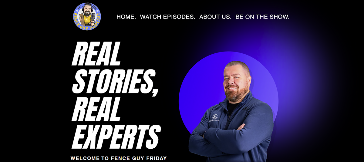 Website hero banner with bold “Real Stories, Real Experts” text and a man on a purple background