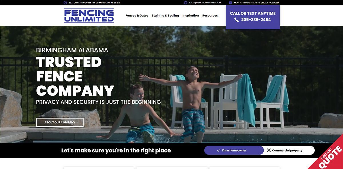 Fence Unlimited website homepage with dark hero photo, white headline, and purple contact buttons