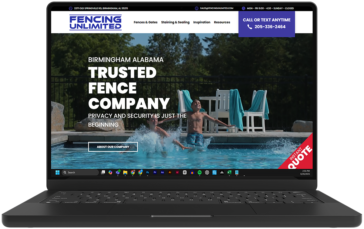 Laptop displaying a fencing company website with a poolside fence installation hero image