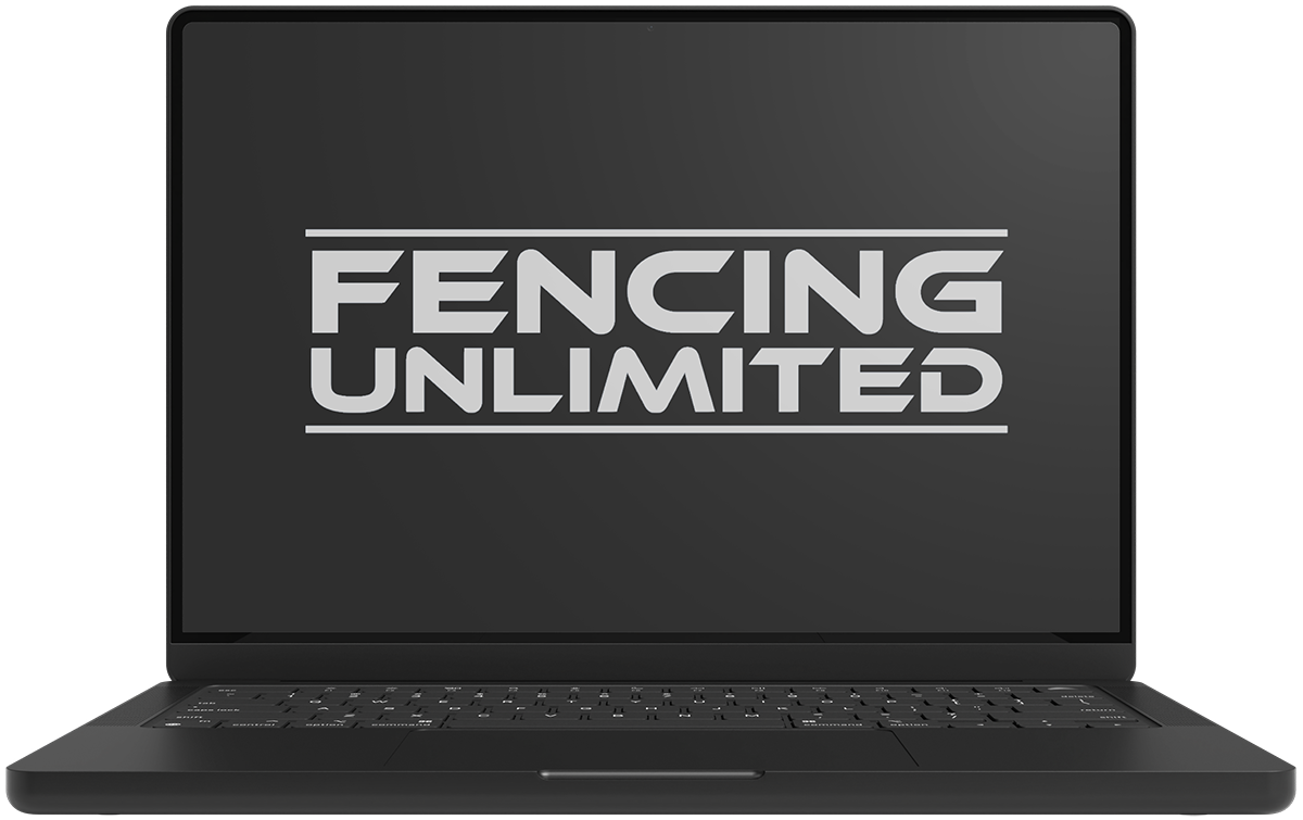 Black laptop displaying the “Fencing Unlimited” logo on its screen