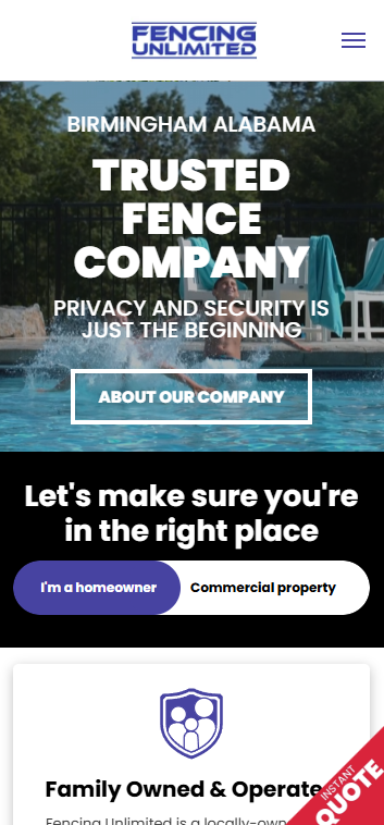 Fencing Unlimited website homepage with trusted fence company headline and quote button