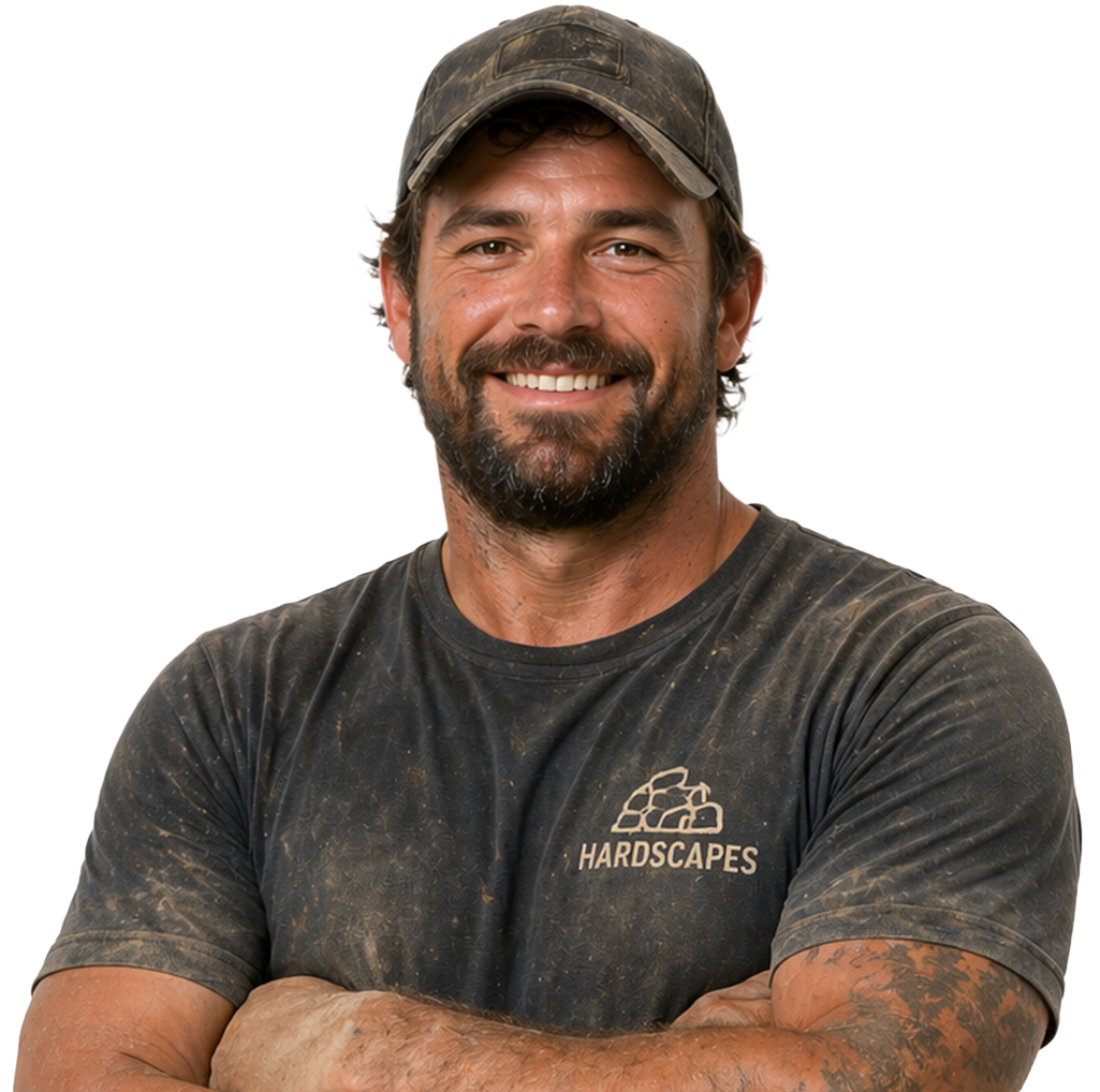 Smiling man in a dusty cap and dark Hardscapes shirt with arms crossed