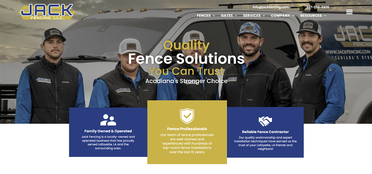 Group of workers in front of a fence company truck with “Fence Solutions” and service panels on screen