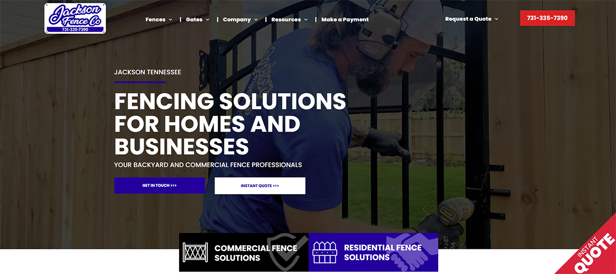 Website homepage for fencing solutions, with bold white text over a dark gate and a red quote button