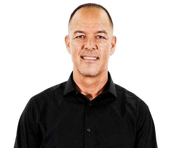 Portrait of a smiling person in a black shirt against a white background