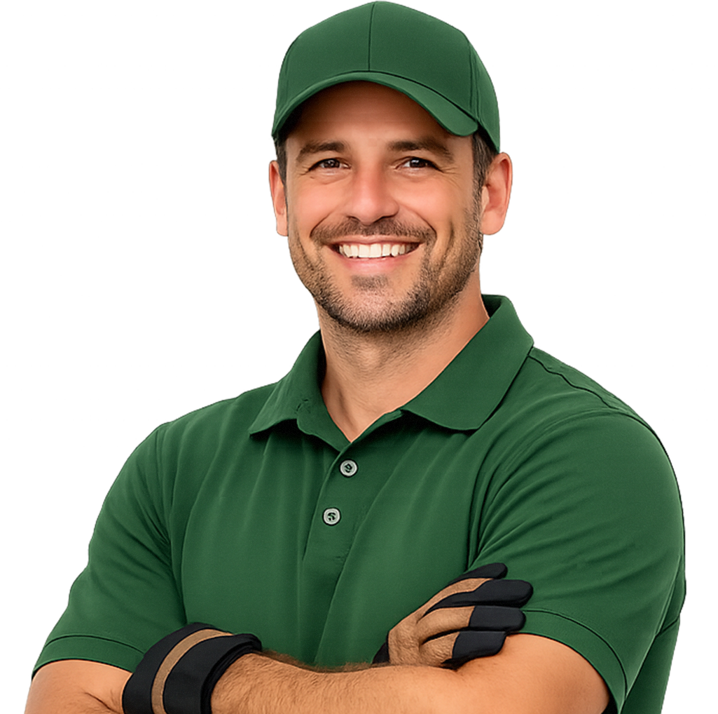 Smiling person in a green cap and polo shirt, standing with arms crossed.