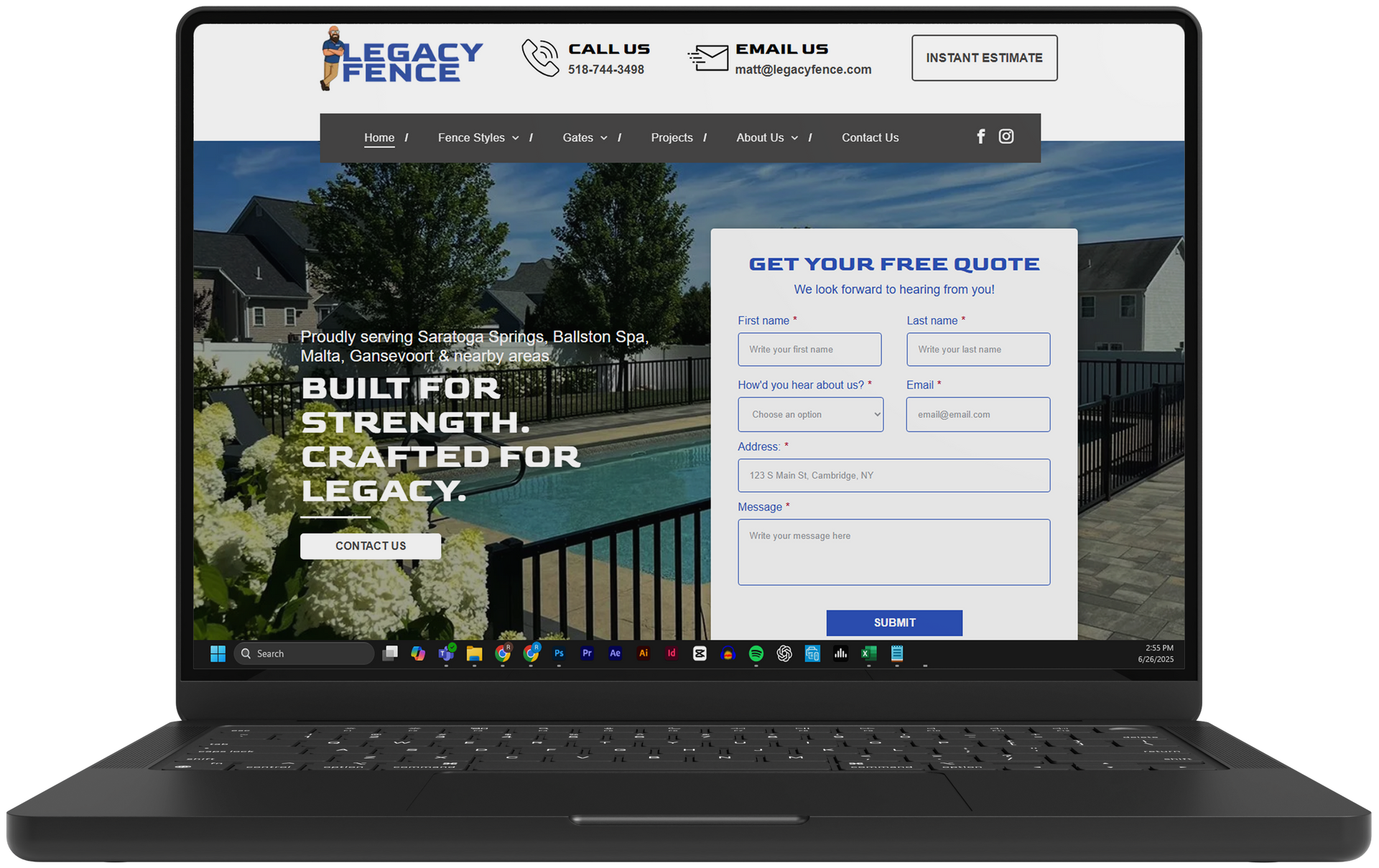 Laptop showing a real estate website with a home search form over a house background