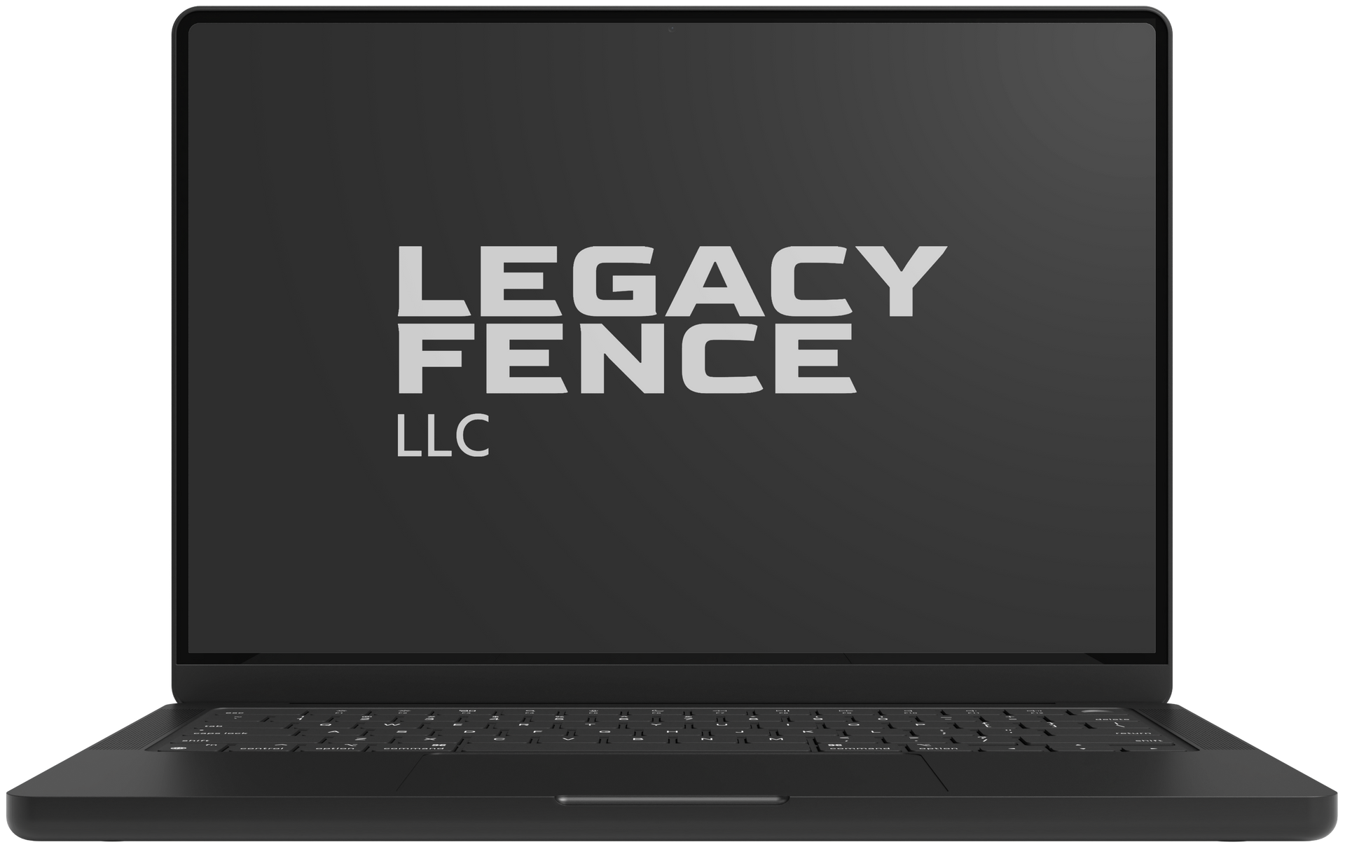 Black laptop displaying the Legacy Fence LLC logo on a gray screen
