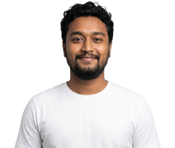 Smiling person in a white shirt against a plain white background