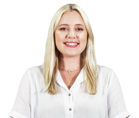 Smiling blonde woman in a white blouse against a white background
