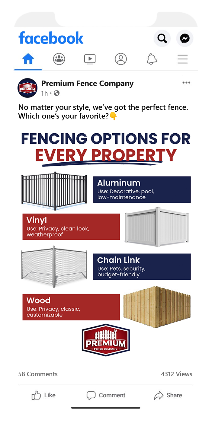 Facebook ad for Fencing Fence Company showing fencing options for every property, with red, blue, and wood panels.