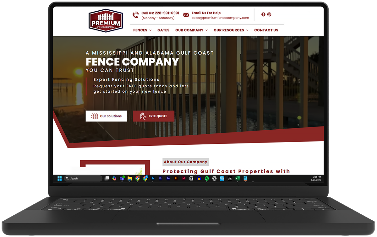 Laptop displaying a fencing company website with a red-and-white homepage and hero banner