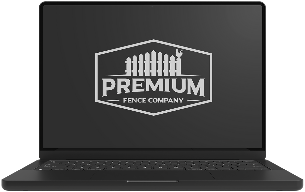 Black laptop displaying the Premium Fence Company logo on a dark screen