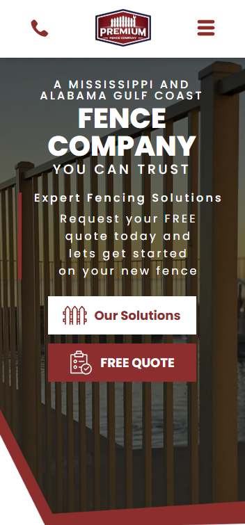 Mississippi and Alabama Gulf Coast fence company website with “Our Solutions” and “Free Quote” buttons