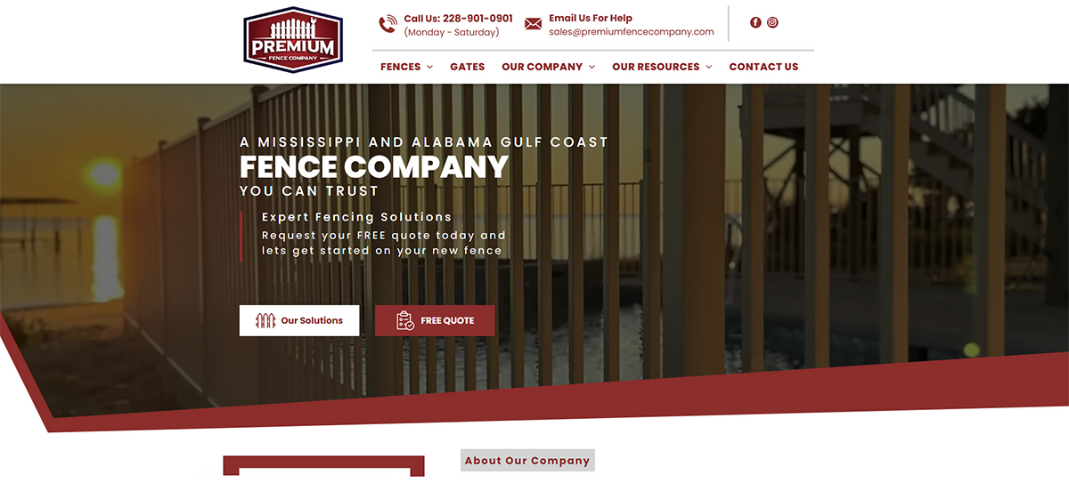 Website homepage for a fence company, with a wood-framed fence photo and red-and-white header navigation