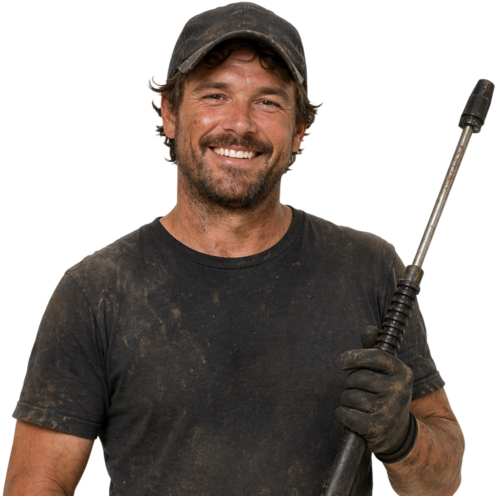 Smiling worker in a dirty black shirt and cap holding a pressure washer wand