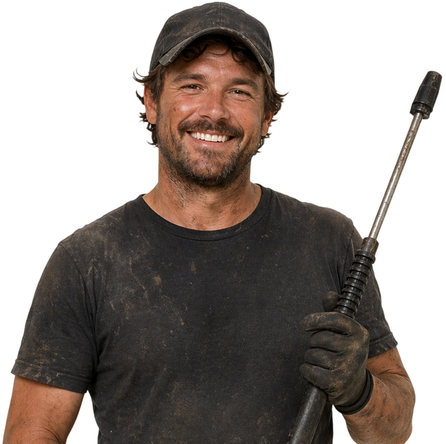 Smiling worker in a dirty black shirt and cap holding a pressure washer wand